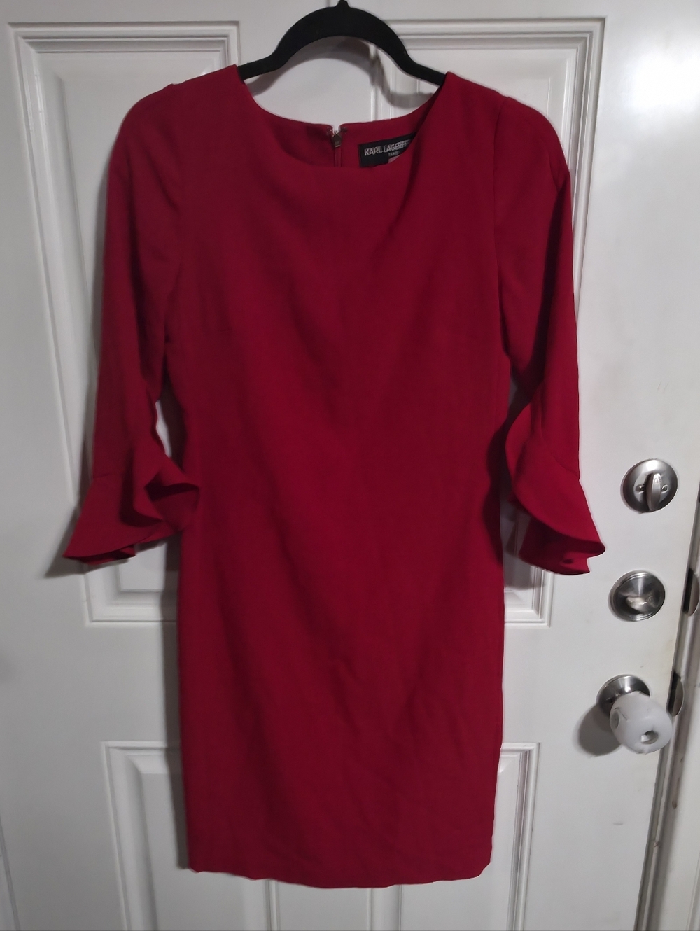 Karl Lagerfeld Paris Red Sheath Dress Knee Length 3/4 Flare Sleeve Ruffle 2